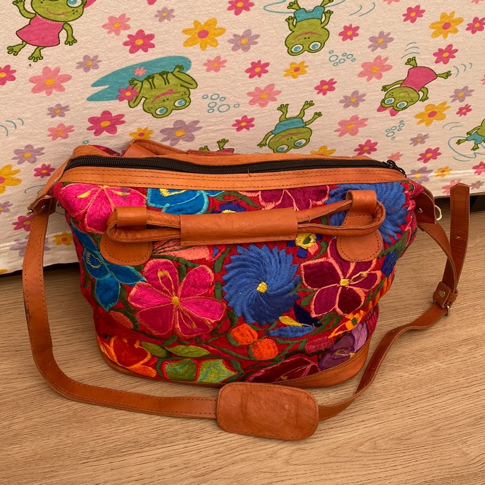 Vintage Embroidered Floral Leather Purse Cross Body and Tote Bag